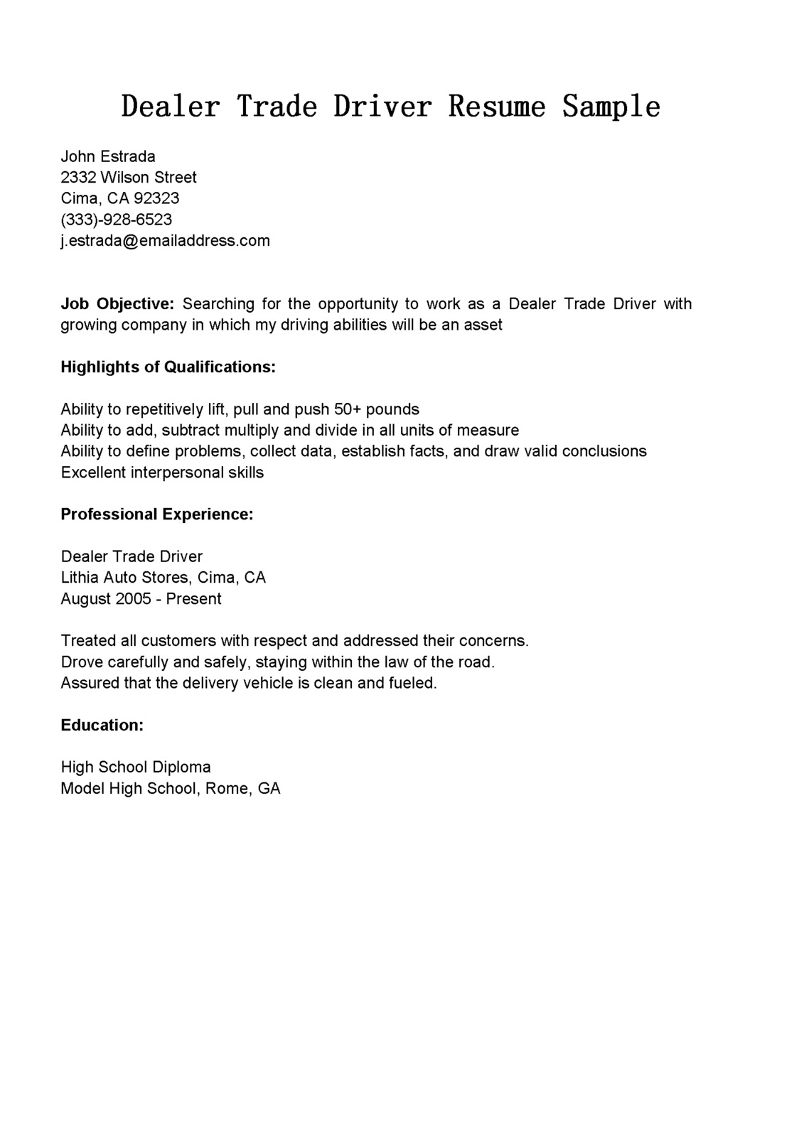 Fedex driver resume